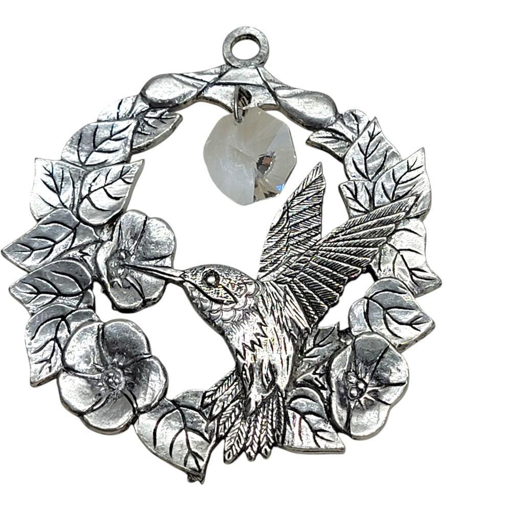 Vtg Whispering Winds Pewter Hummingbird Suncatcher Crystal Window Ornament